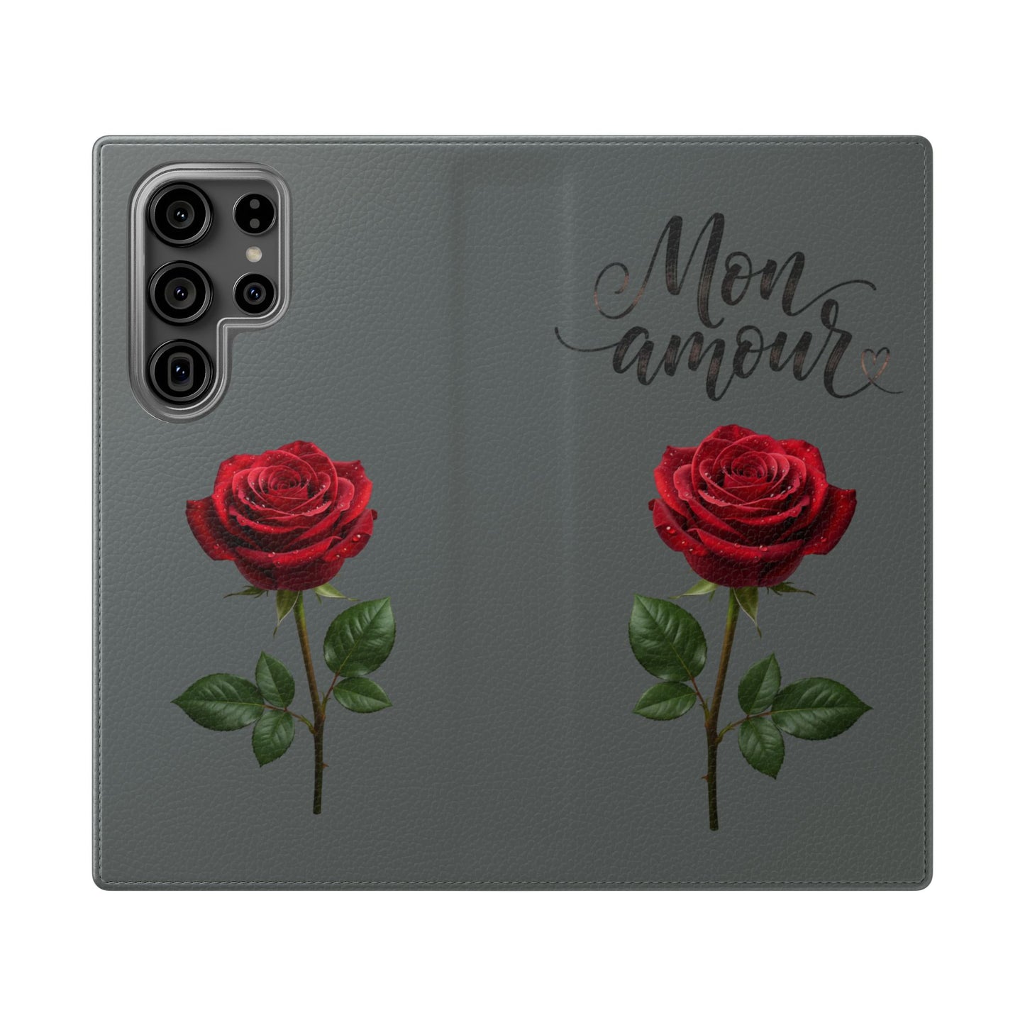 Mon Amour Rose Flip Phone Case — Floral Wallet Flip Case with 'Mon amour' Script