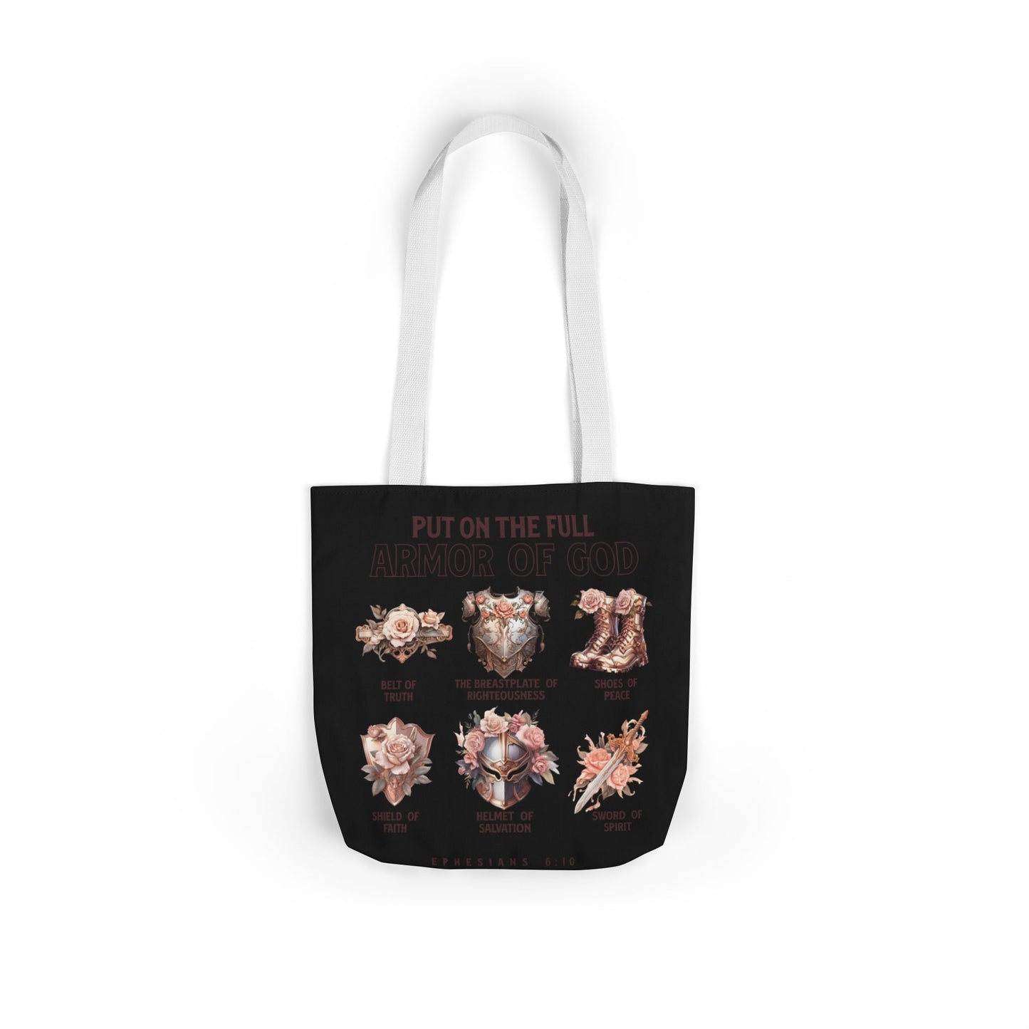 Floral Icons Canvas Tote — "Put On The Full Armour of God" with psalm 91 prayer on the Back.