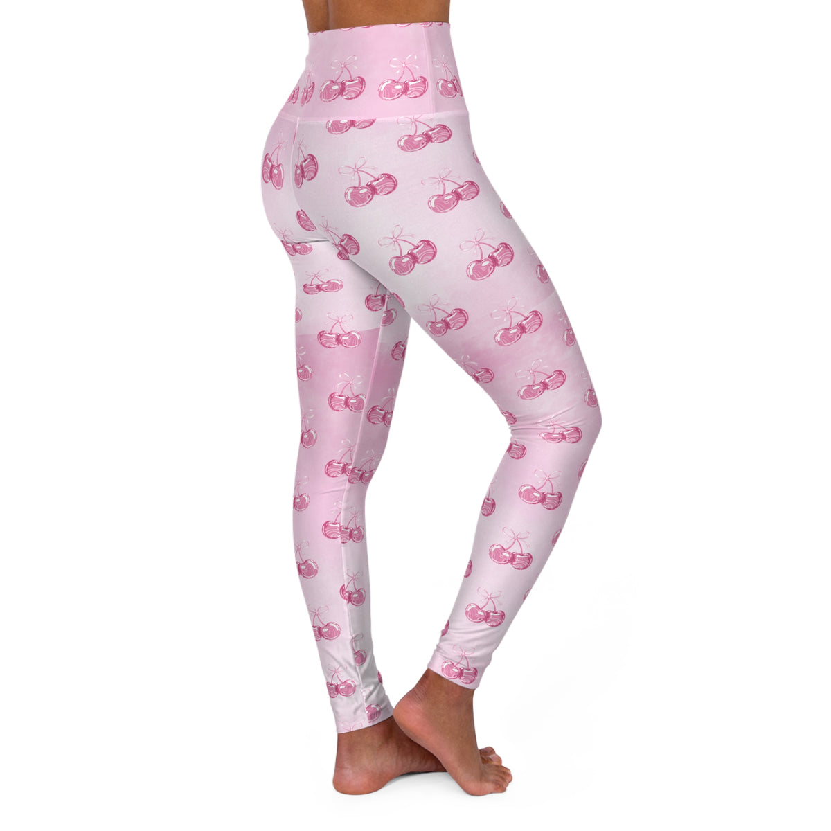 High-Waist Pink Cherry Pattern Yoga Leggings©