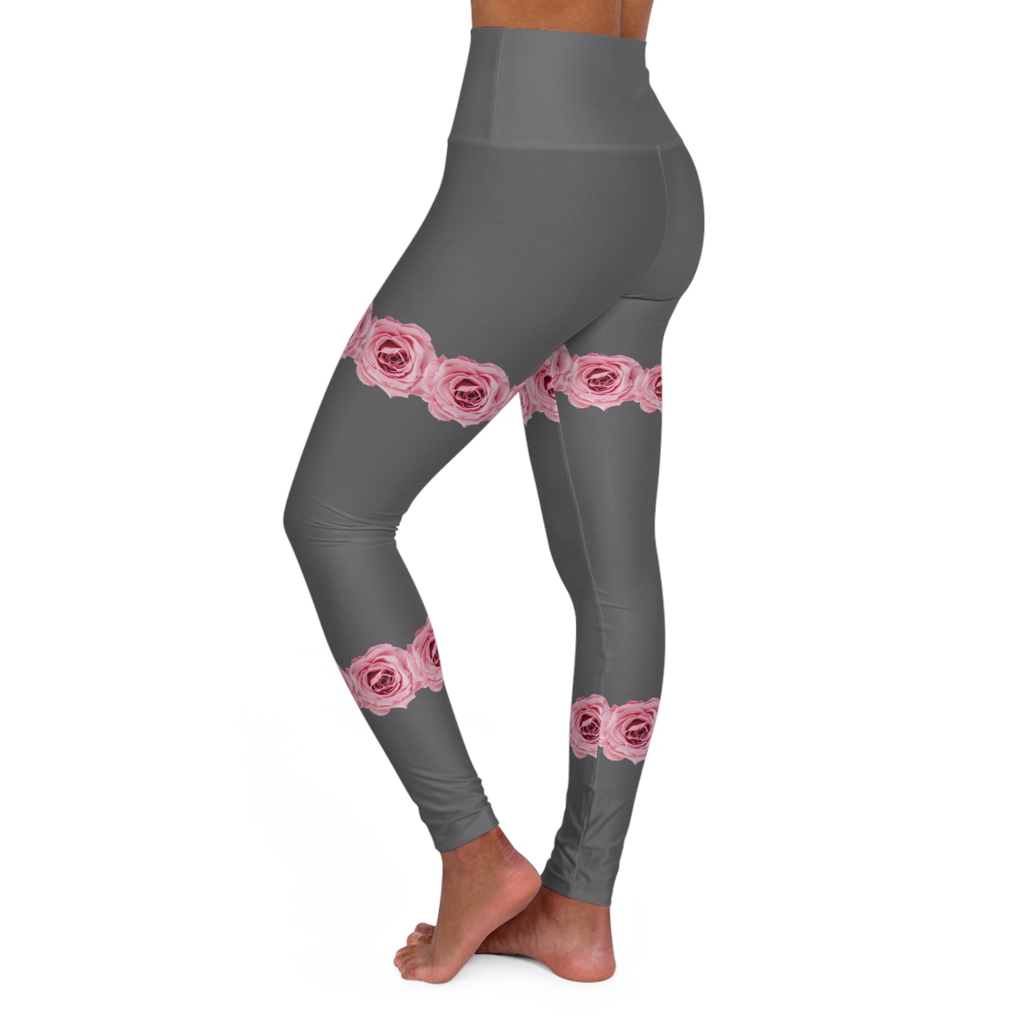 High-Waist Rose Band Yoga Leggings — Pink Floral Thigh Accent, Comfortable Activewear©
