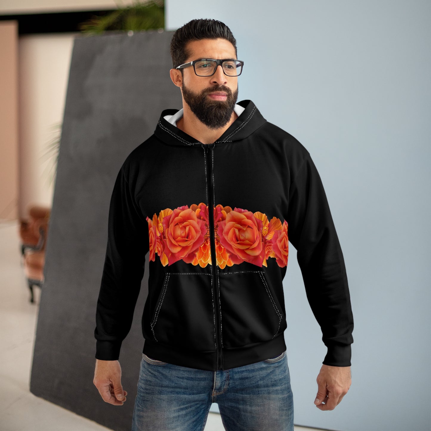 Black Zip Hoodie with Orange Rose Floral Stripe – Floral Zip-Up Hoodie