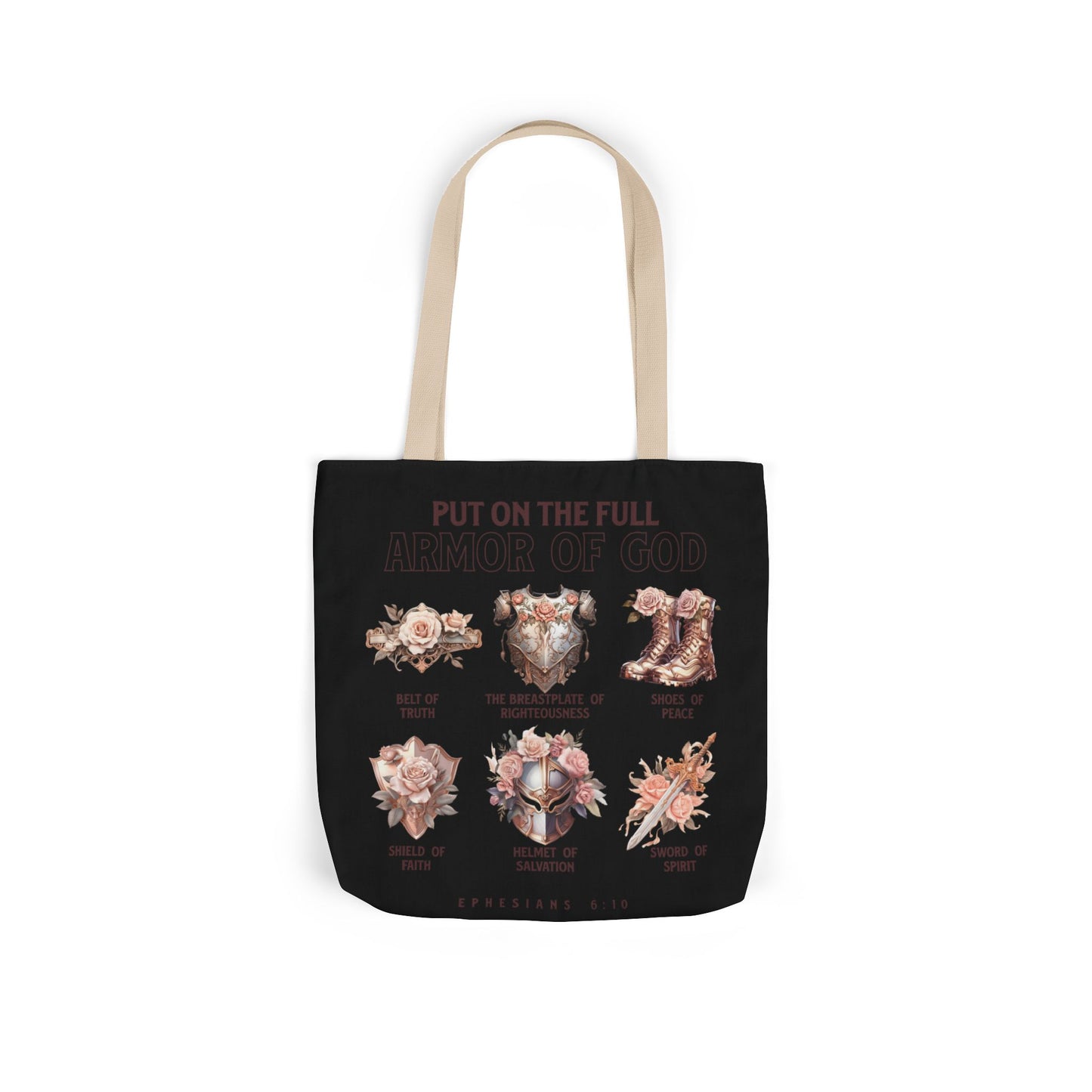 Floral Icons Canvas Tote — "Put On The Full Armour of God" with psalm 91 prayer on the Back.