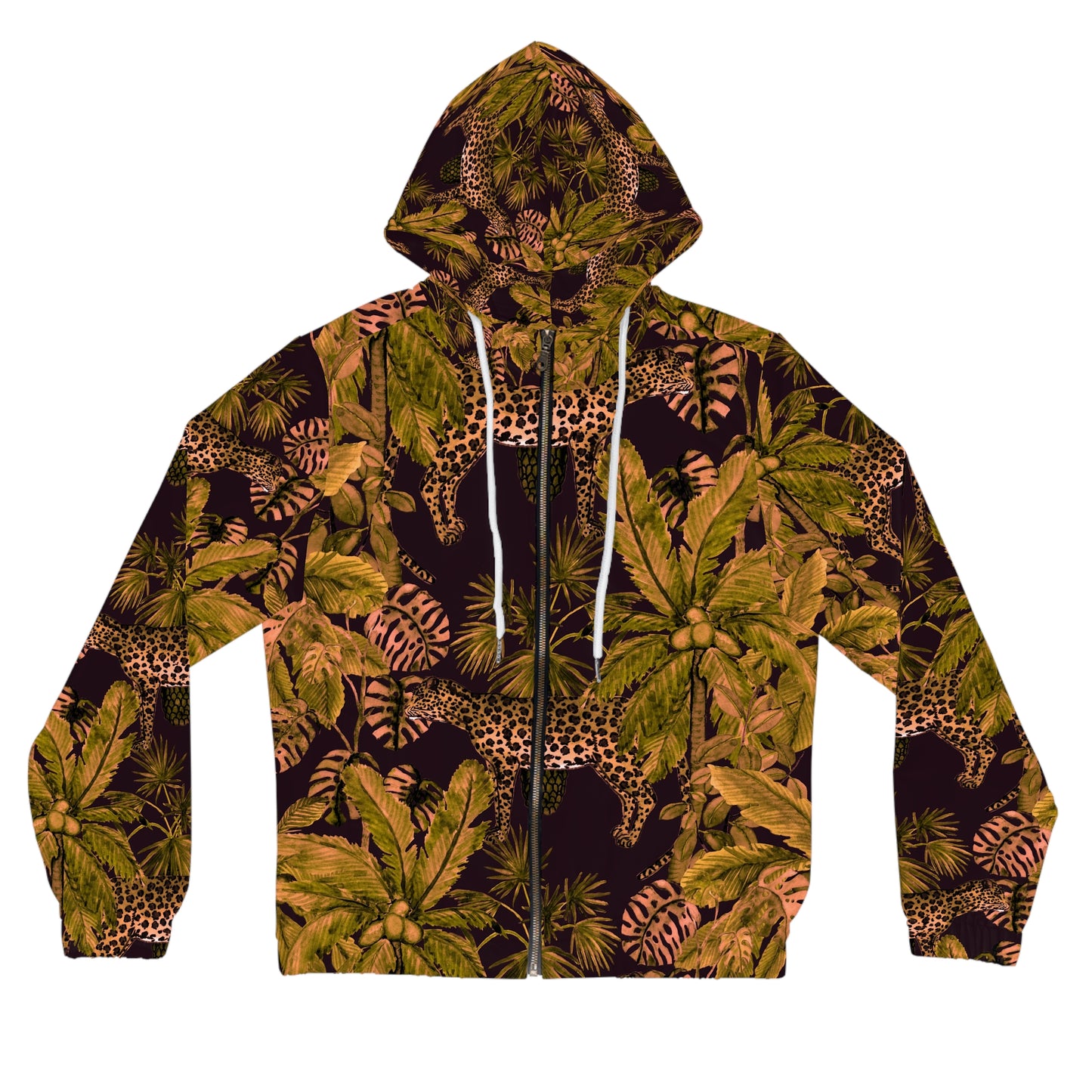 Tropical Leopard Print Hoodie — Women’s Full-Zip Jungle Zip-Up©