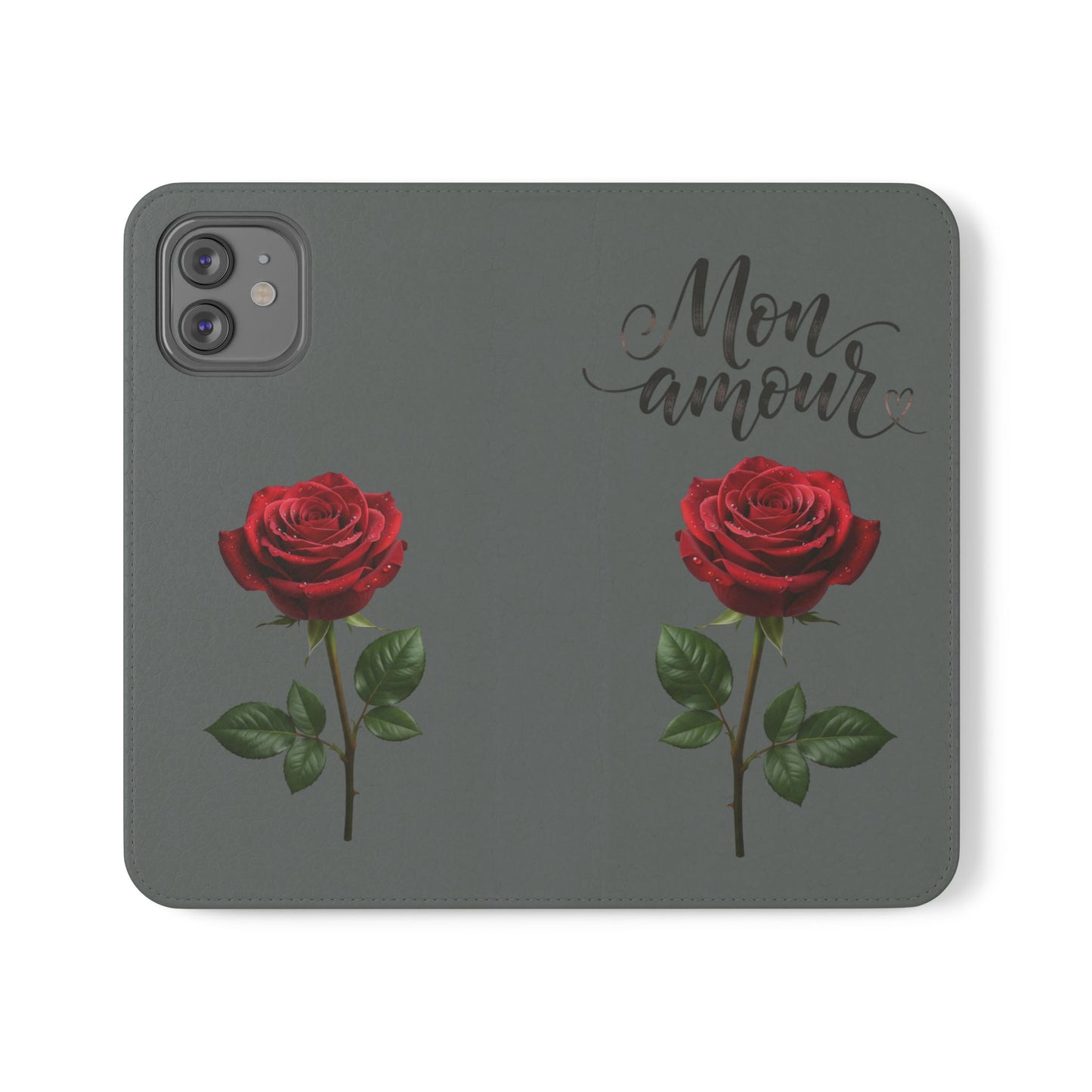 Mon Amour Rose Flip Phone Case — Floral Wallet Flip Case with 'Mon amour' Script
