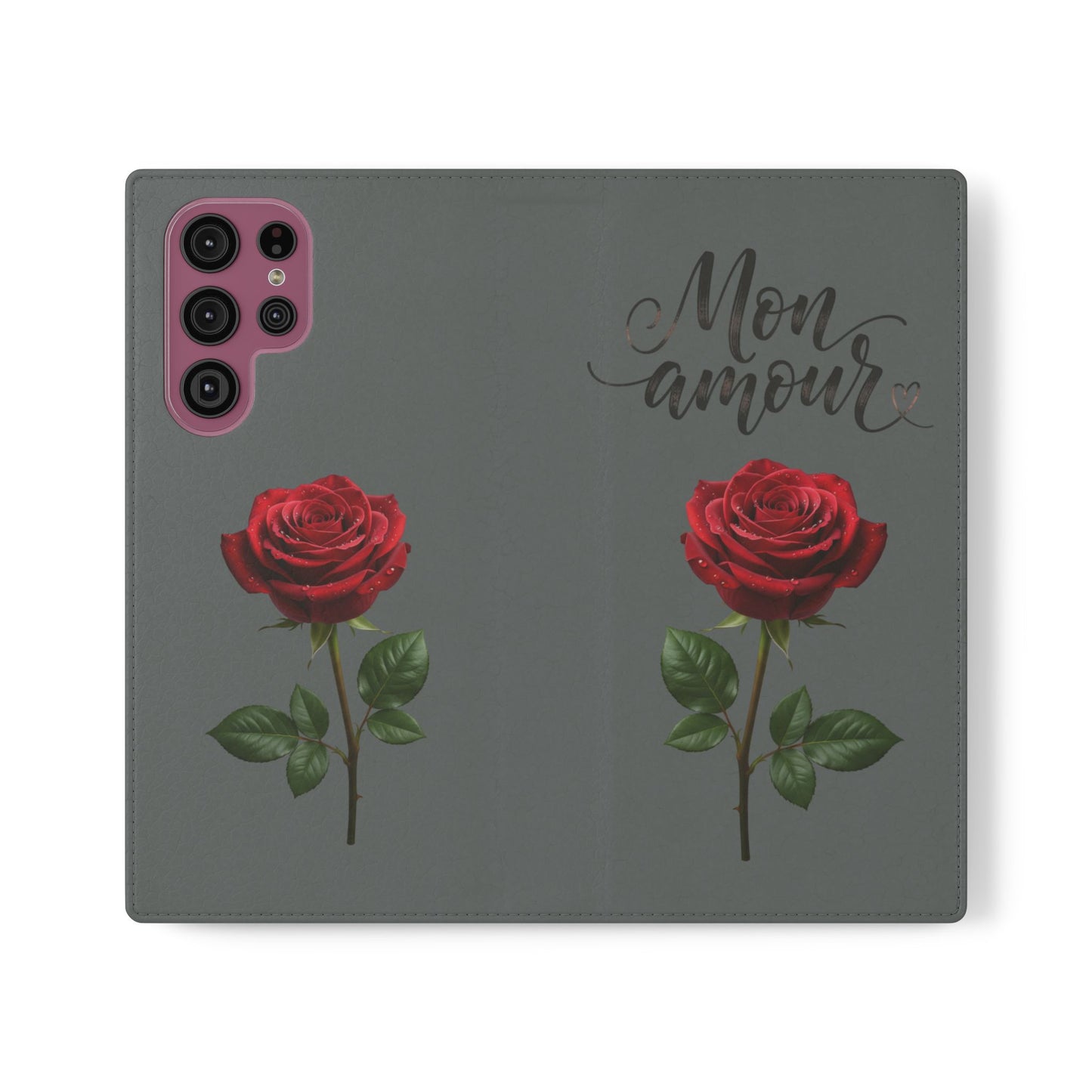 Mon Amour Rose Flip Phone Case — Floral Wallet Flip Case with 'Mon amour' Script