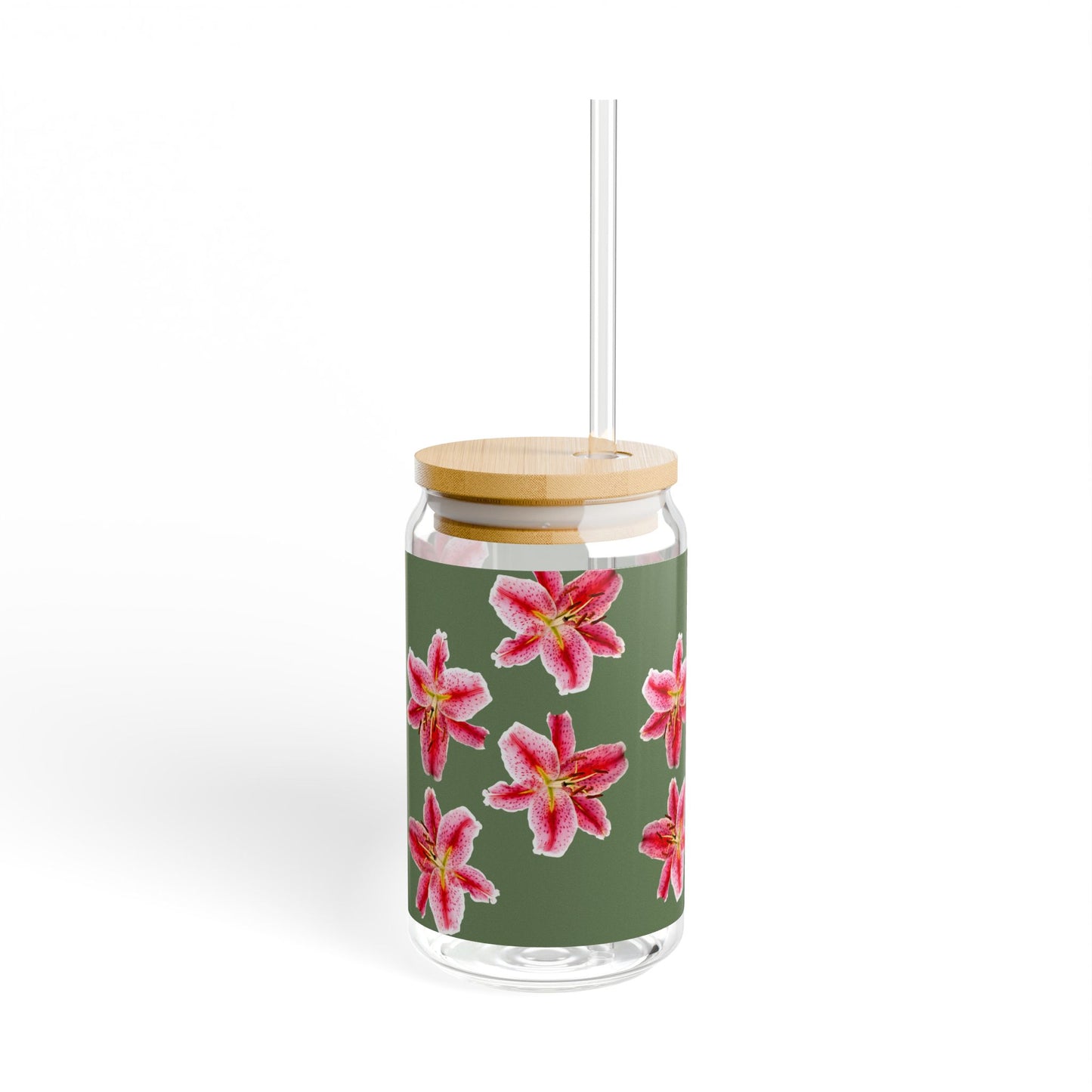 16oz Floral Sipper Glass with Pink Stargazer Lily Pattern — Reusable Straw Tumbler, Gift for Gardeners & Nature Lovers©