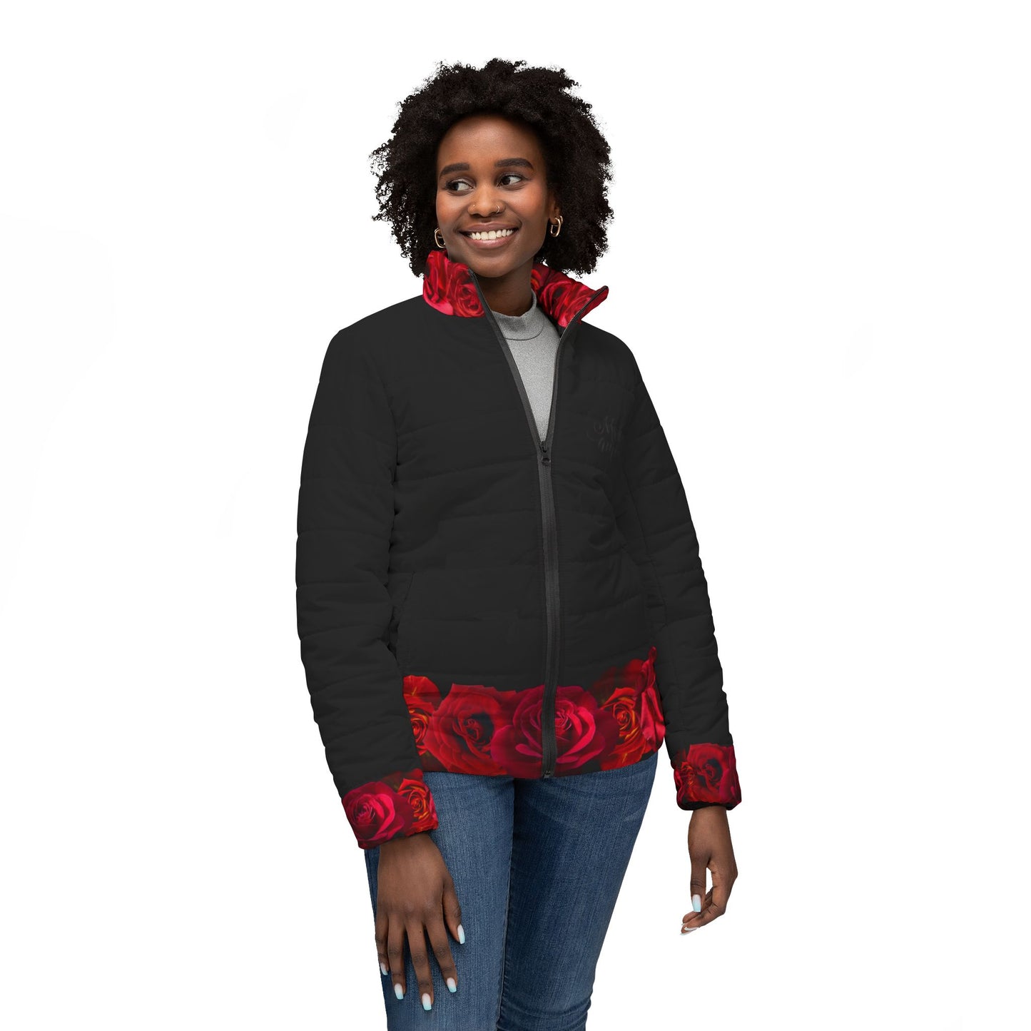 Women’s Rose Trim Puffer Jacket — Black Quilted Coat with Red Rose Border
