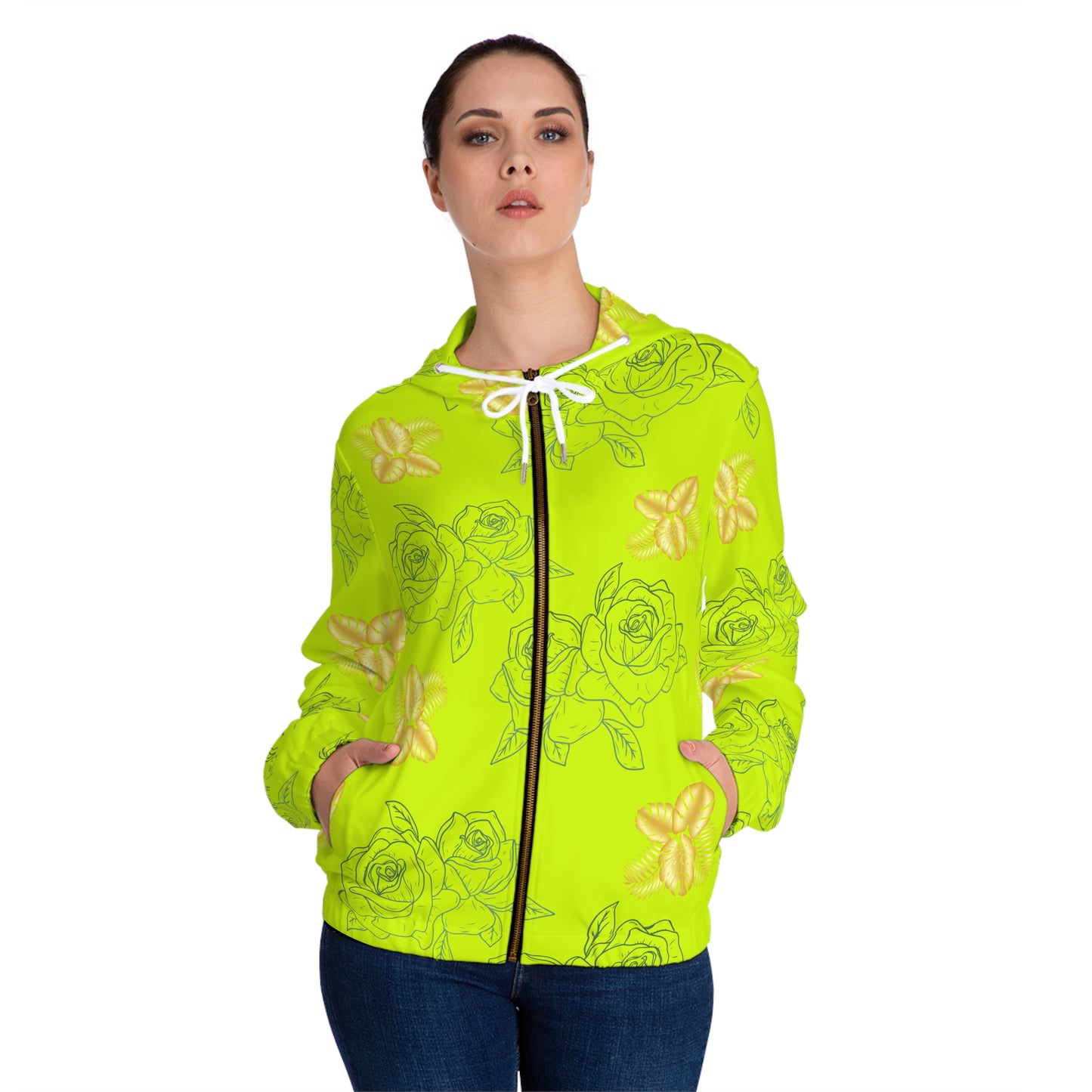 Floral Neon Rose Full-Zip Hoodie — Yellow Green Patterned Women’s Jacket©