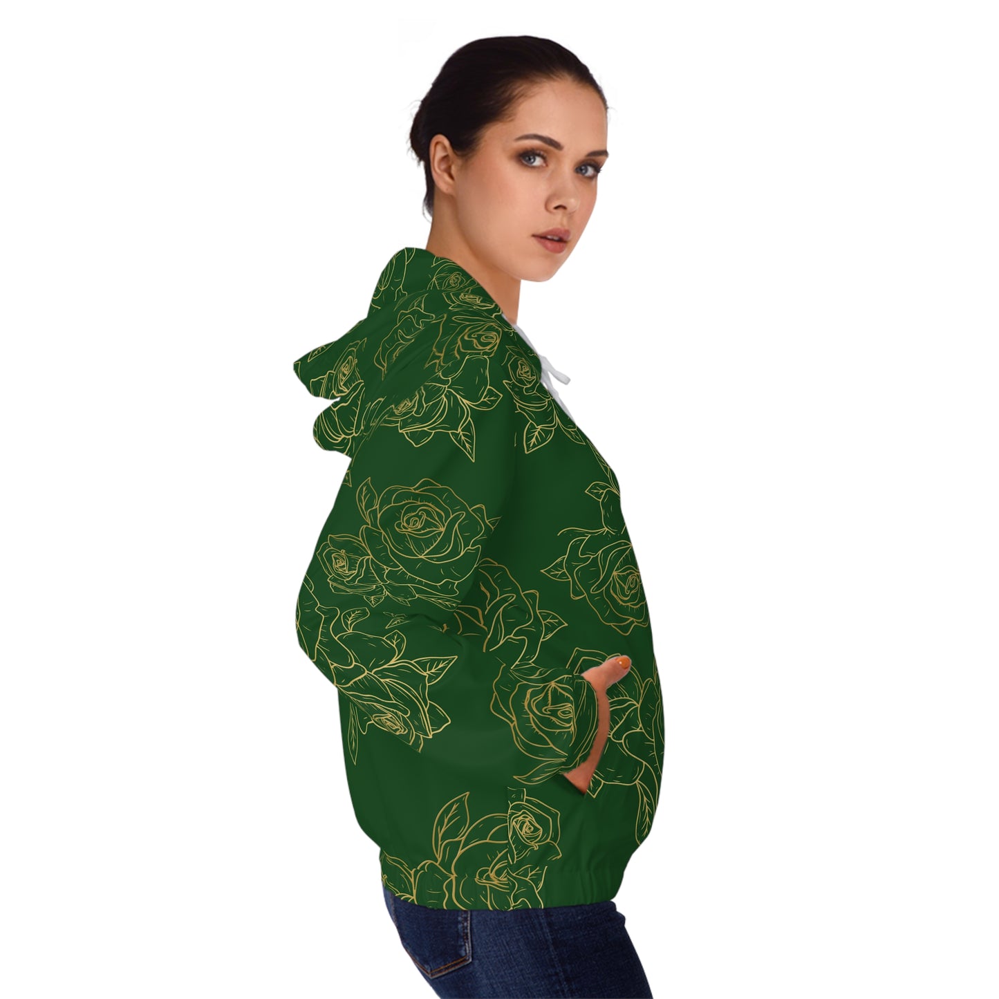 Floral Rose Sketch Zip Hoodie — Green All-Over Print©