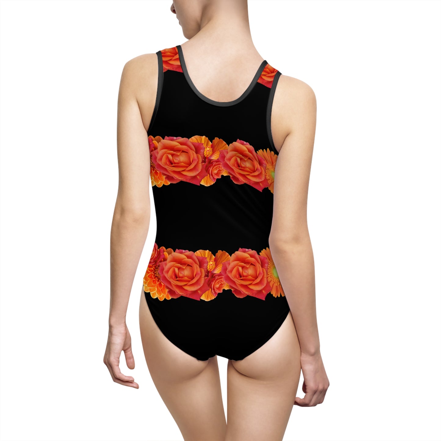 Women's One-Piece Swimsuit — Black with Orange Rose Stripes