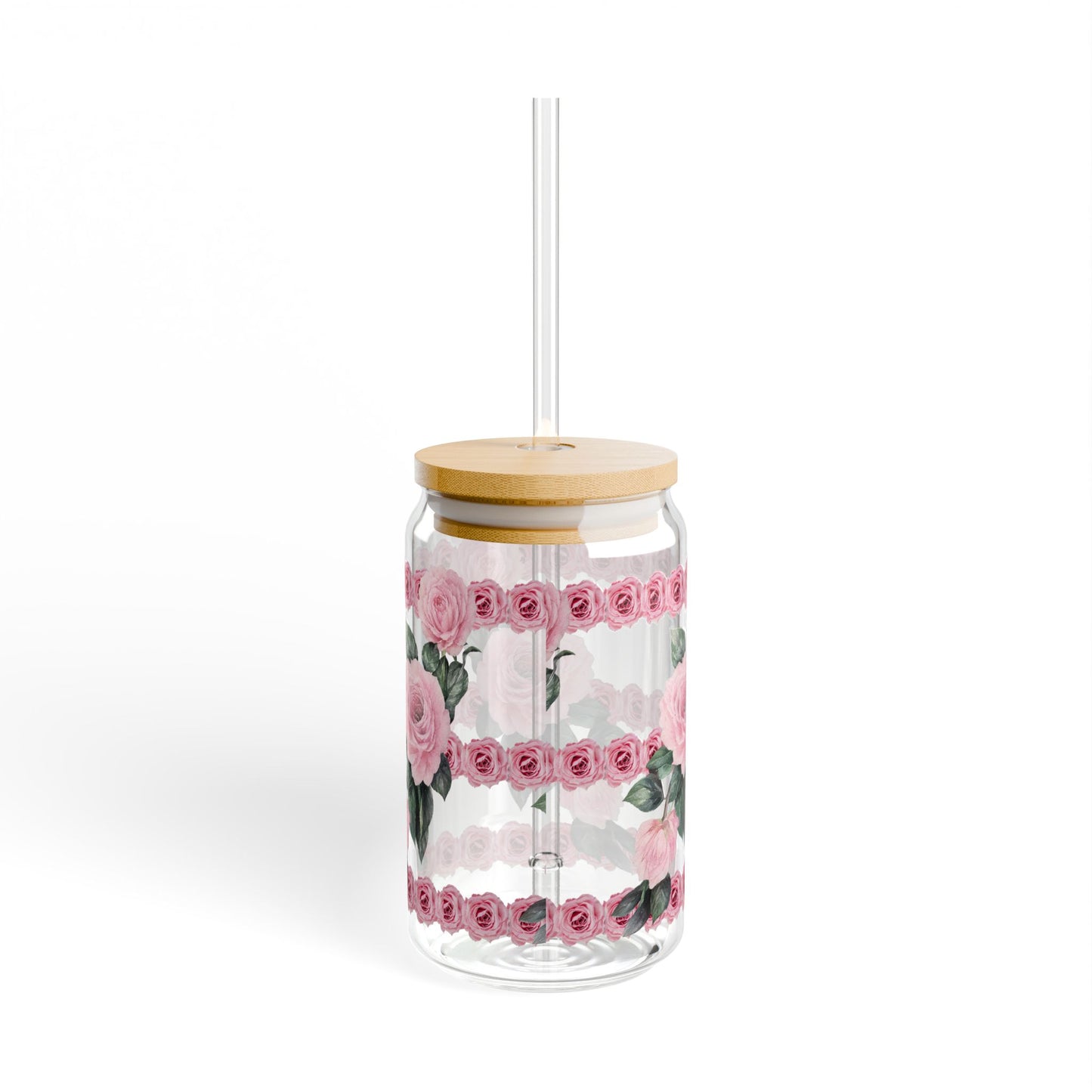Floral Rose Sipper Glass – 16oz Pink Rose Beverage Cup with Straw©