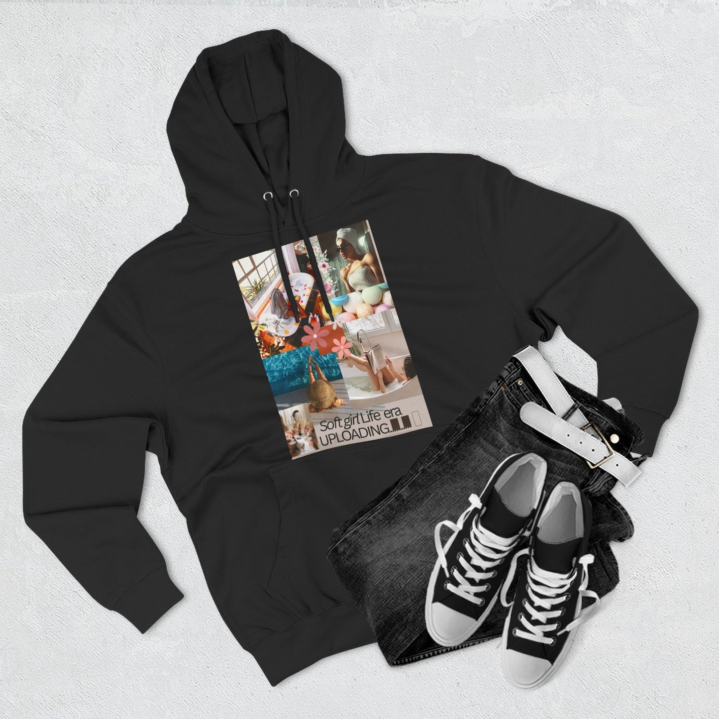 Collage Graphic Hoodie — "Soft Girl Era Uploading" Cozy Fleece Pullover