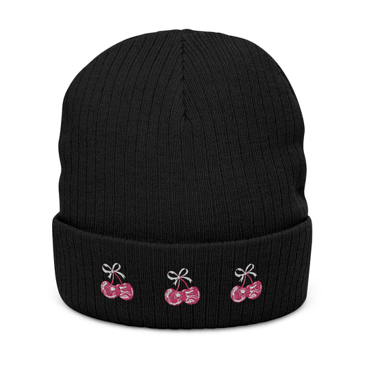 Embroidered Cherry Ribbed Beanie — Cute Knit Winter©