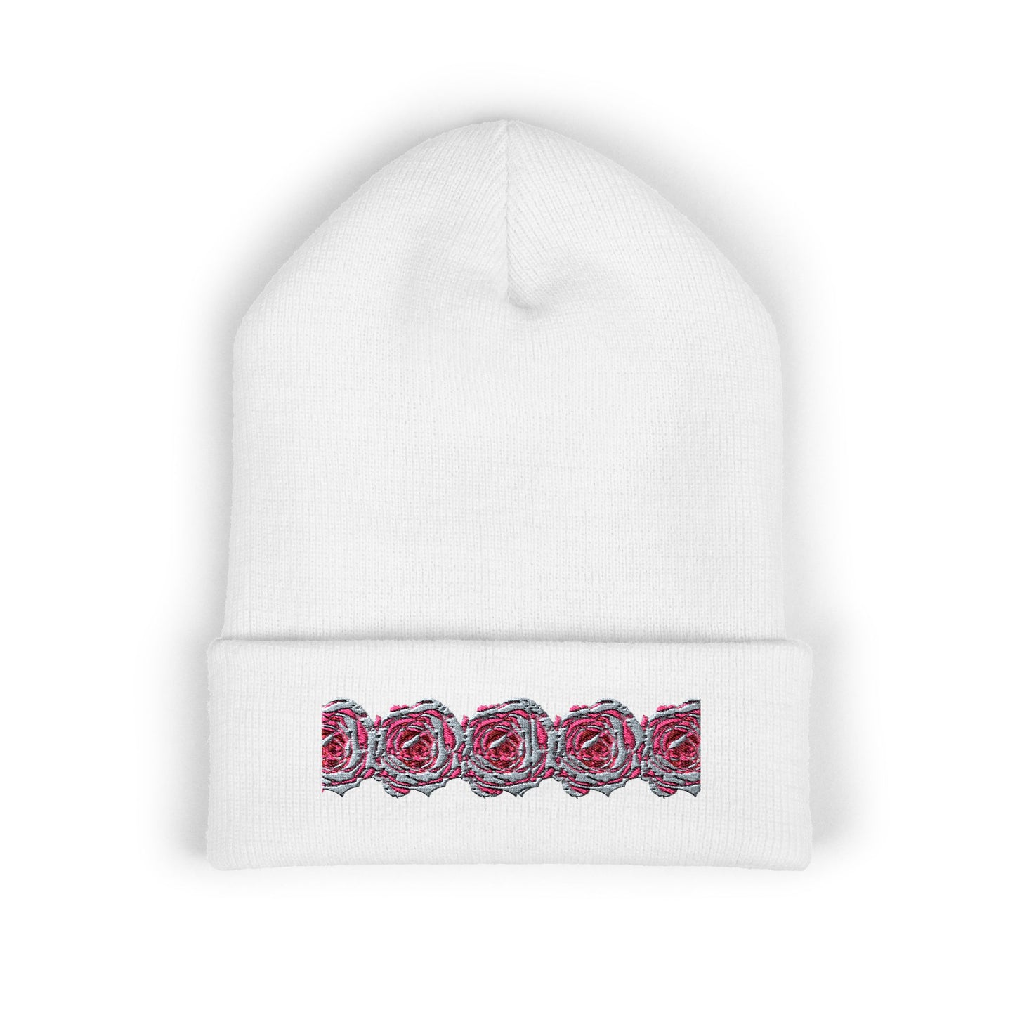 Embroidered Pink Rose Row Cuffed Beanie — Classic Floral Knit Hat©
