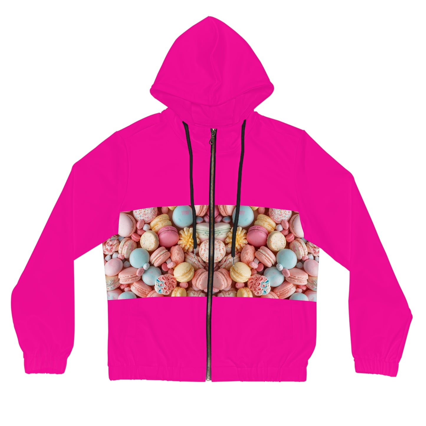 Women’s Full-Zip Hoodie — Pastel Macaron Photo Panel, Cute Dessert Graphic©