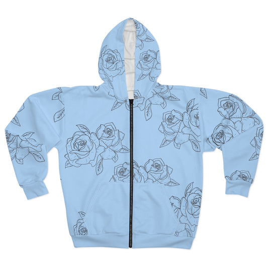 Light Blue Rose Pattern Zip Hoodie©
