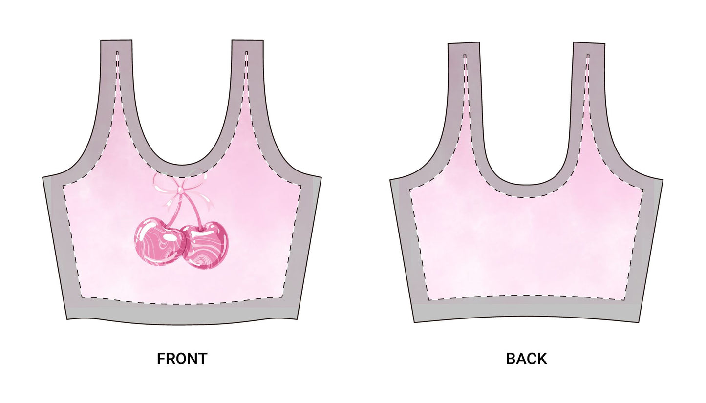 Pink Cherry Sports Bra — Cute Fruit Print Athletic Crop Top©