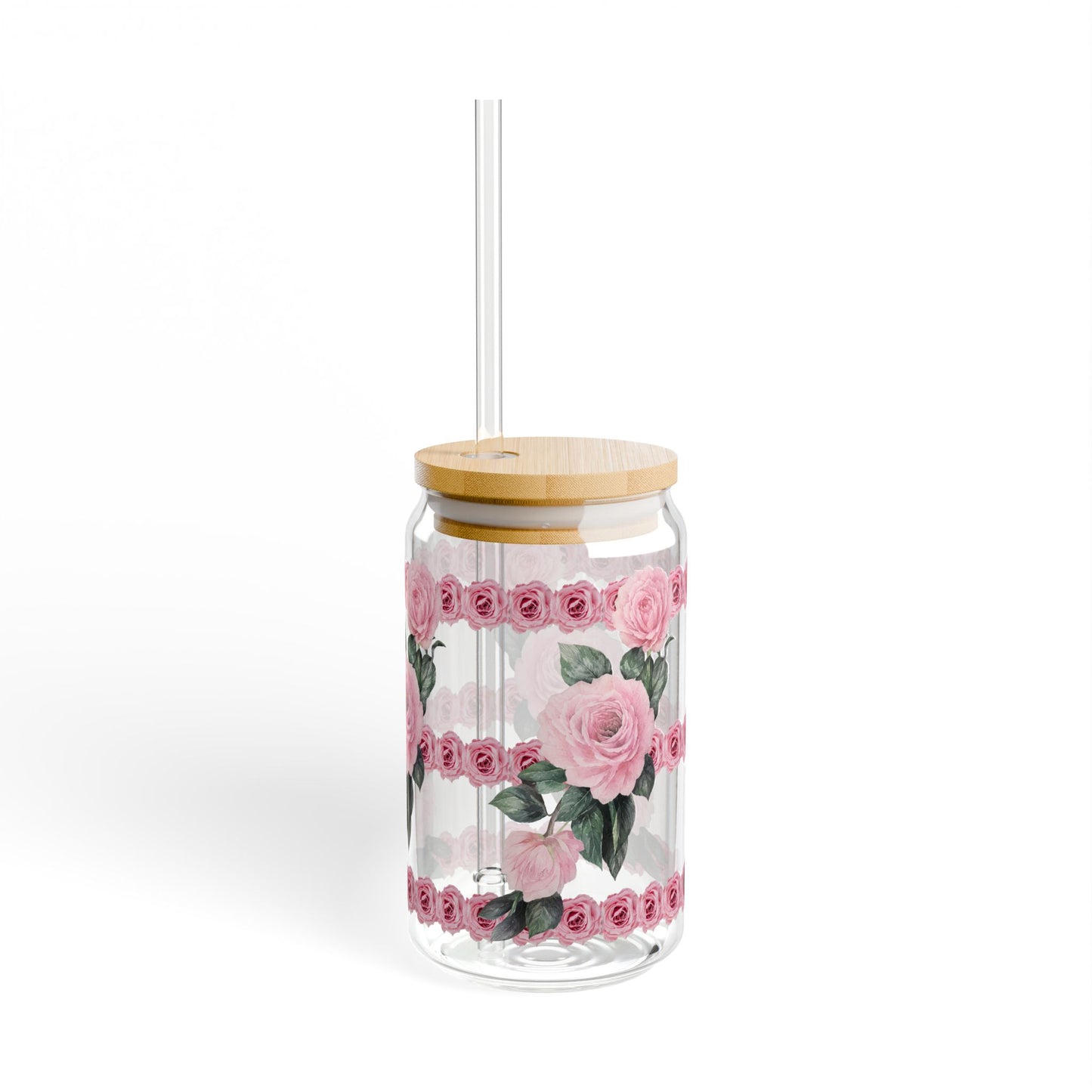 Floral Rose Sipper Glass – 16oz Pink Rose Beverage Cup with Straw©
