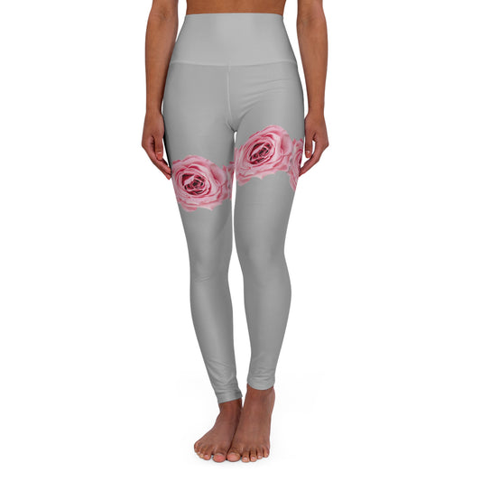 Rose Band High-Waisted Yoga Leggings — Pink Floral Thigh Accent©