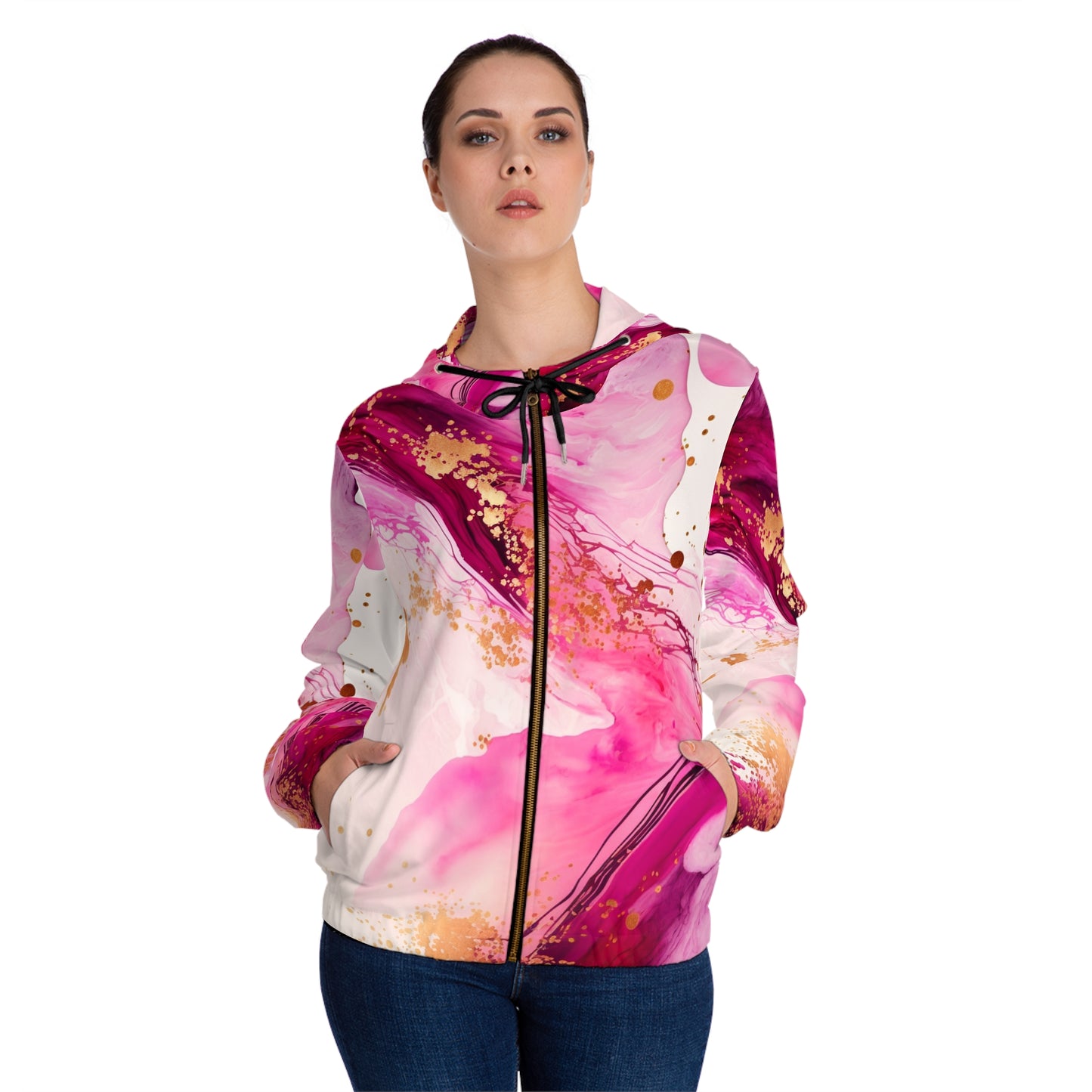 Pink Marble Zip Hoodie – Abstract Gold Splash Women’s Full-Zip Jacket