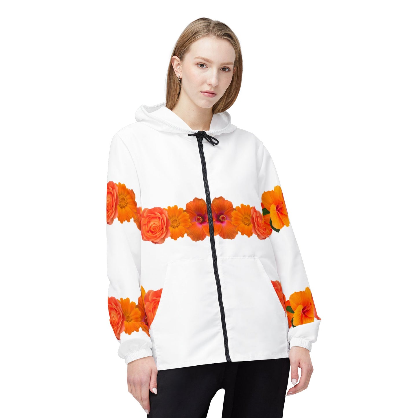 Floral Stripe Windbreaker Jacket — Orange Rose & Poppy All-Over Print©