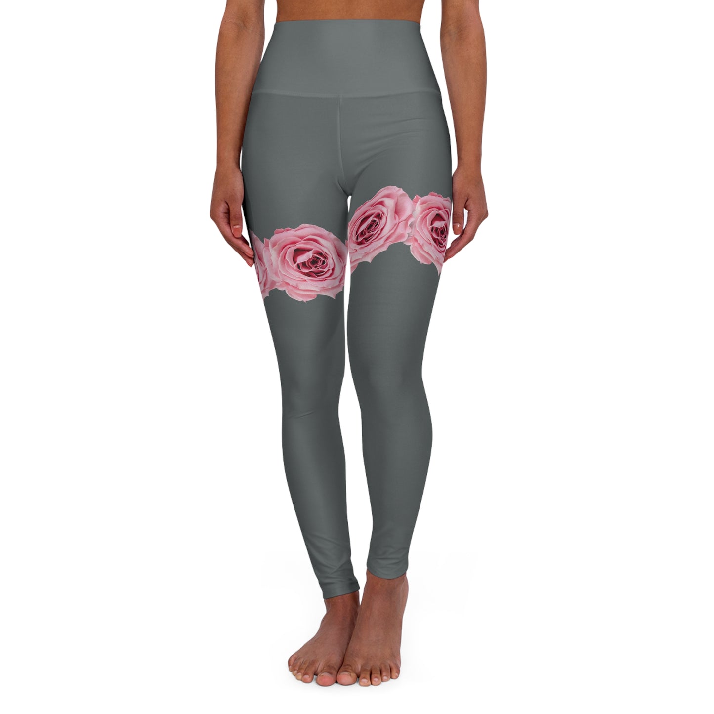 High-Waist Rose Band Yoga Leggings — Pink Floral Thigh Accent, Comfortable Activewear©