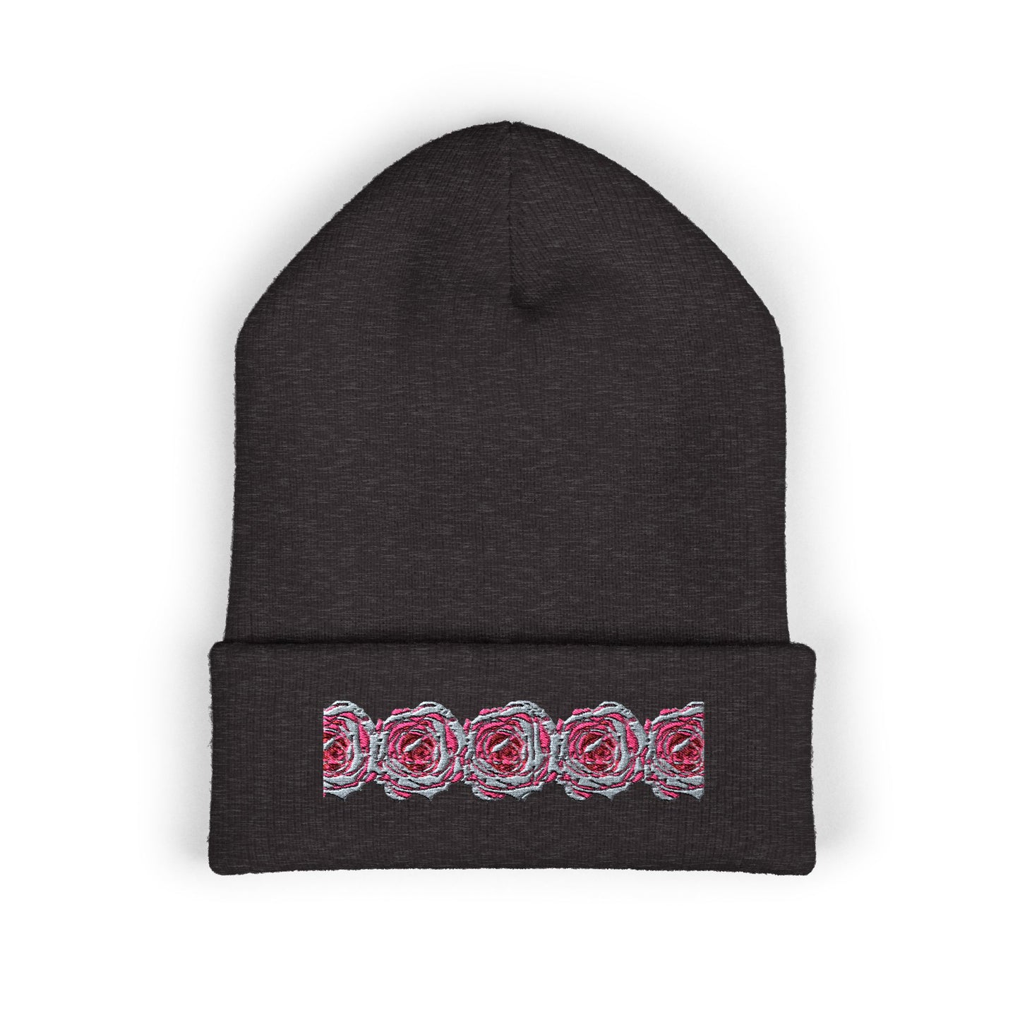 Embroidered Pink Rose Row Cuffed Beanie — Classic Floral Knit Hat©