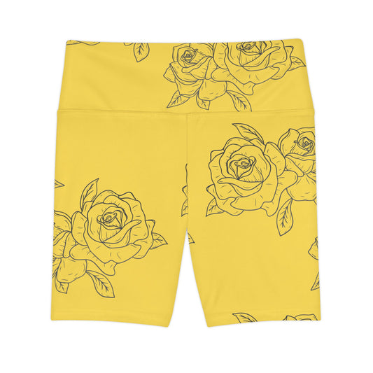 Yellow Rose Print Workout Shorts — Women's Floral Athletic Biker Shorts©