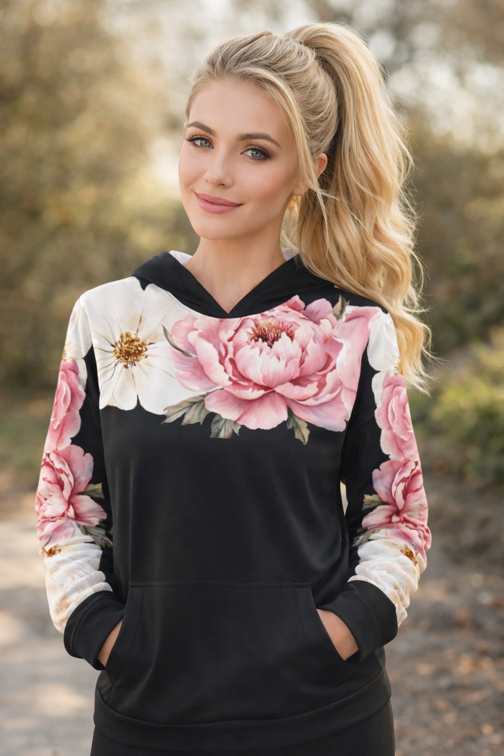 Floral Peony Black Pullover Hoodie