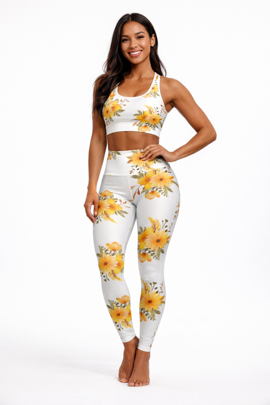 High Waist- Leggings — Golden Sunflower High-Waist Floral Leggings©