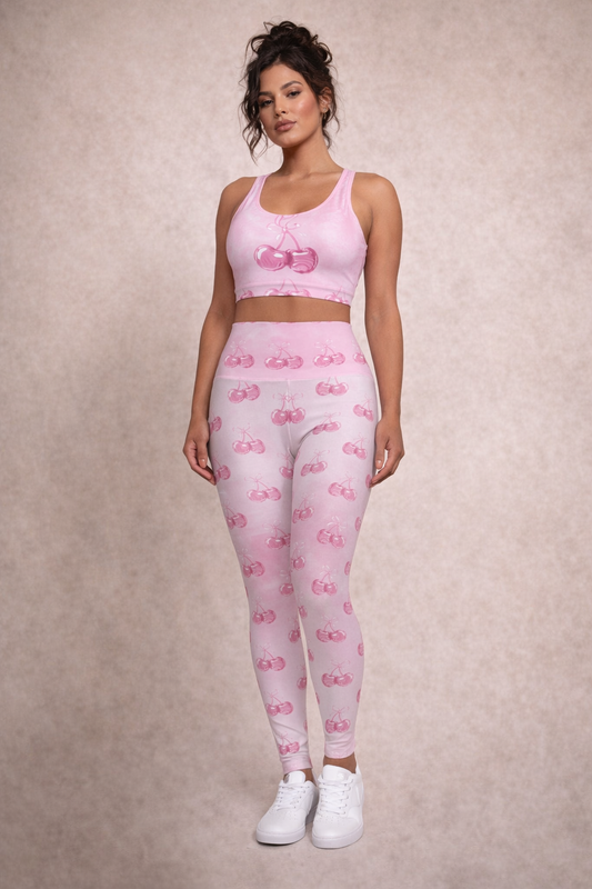 Pink Cherry Sports Bra — Cute Fruit Print Athletic Crop Top©