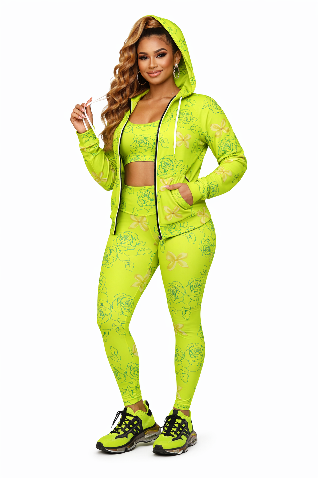 Floral Neon Rose Full-Zip Hoodie — Yellow Green Patterned Women’s Jacket©