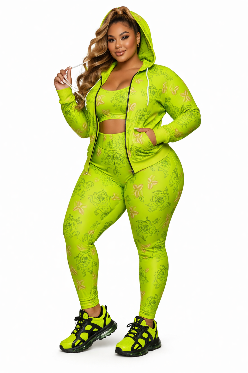 Floral Neon Rose Full-Zip Hoodie — Yellow Green Patterned Women’s Jacket©