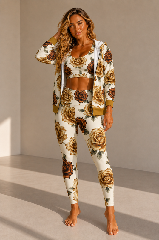 Brown Vintage Rose Zip Hoodie — Floral All-Over Print©