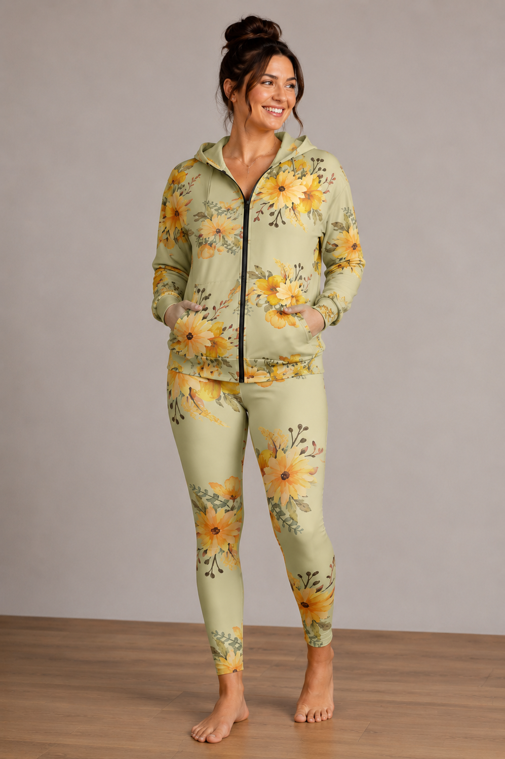 Sunflower Watercolour Zip Hoodie — Floral All-Over Print©