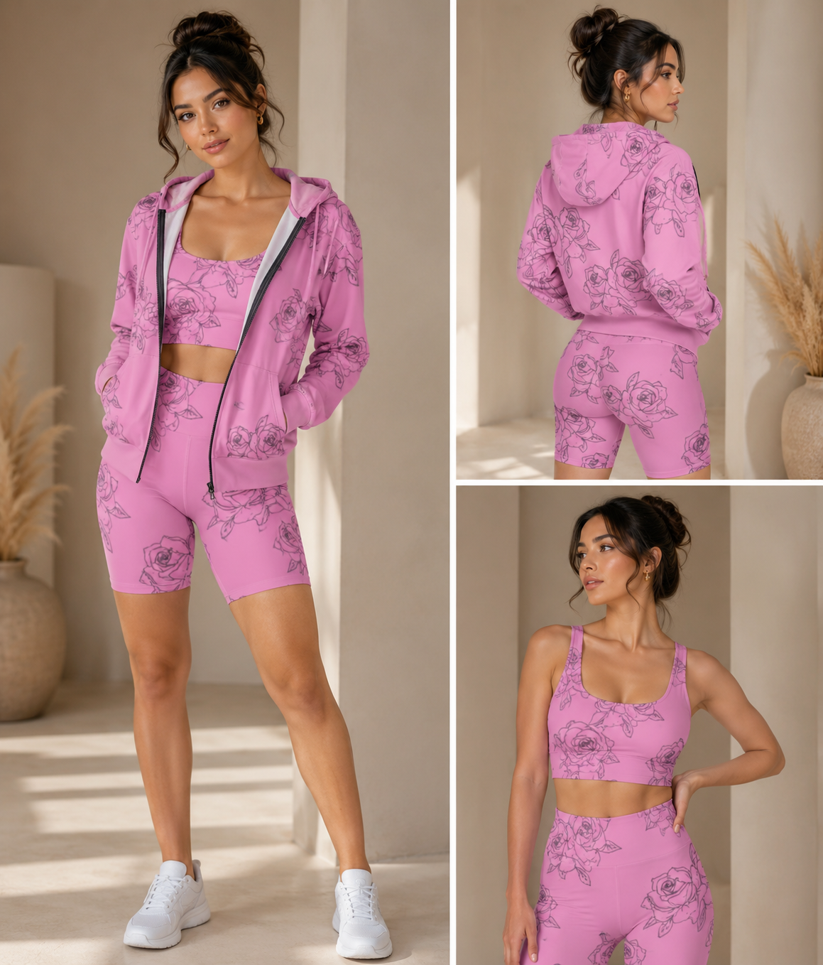 Pink Rose Sketch Zip Hoodie – Floral All-Over Print Hooded Jacket©