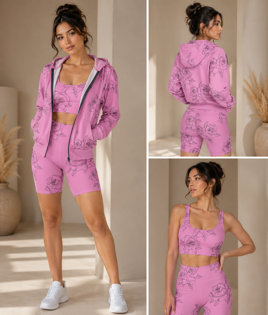 Pink Rose Sketch Zip Hoodie – Floral All-Over Print Hooded Jacket©
