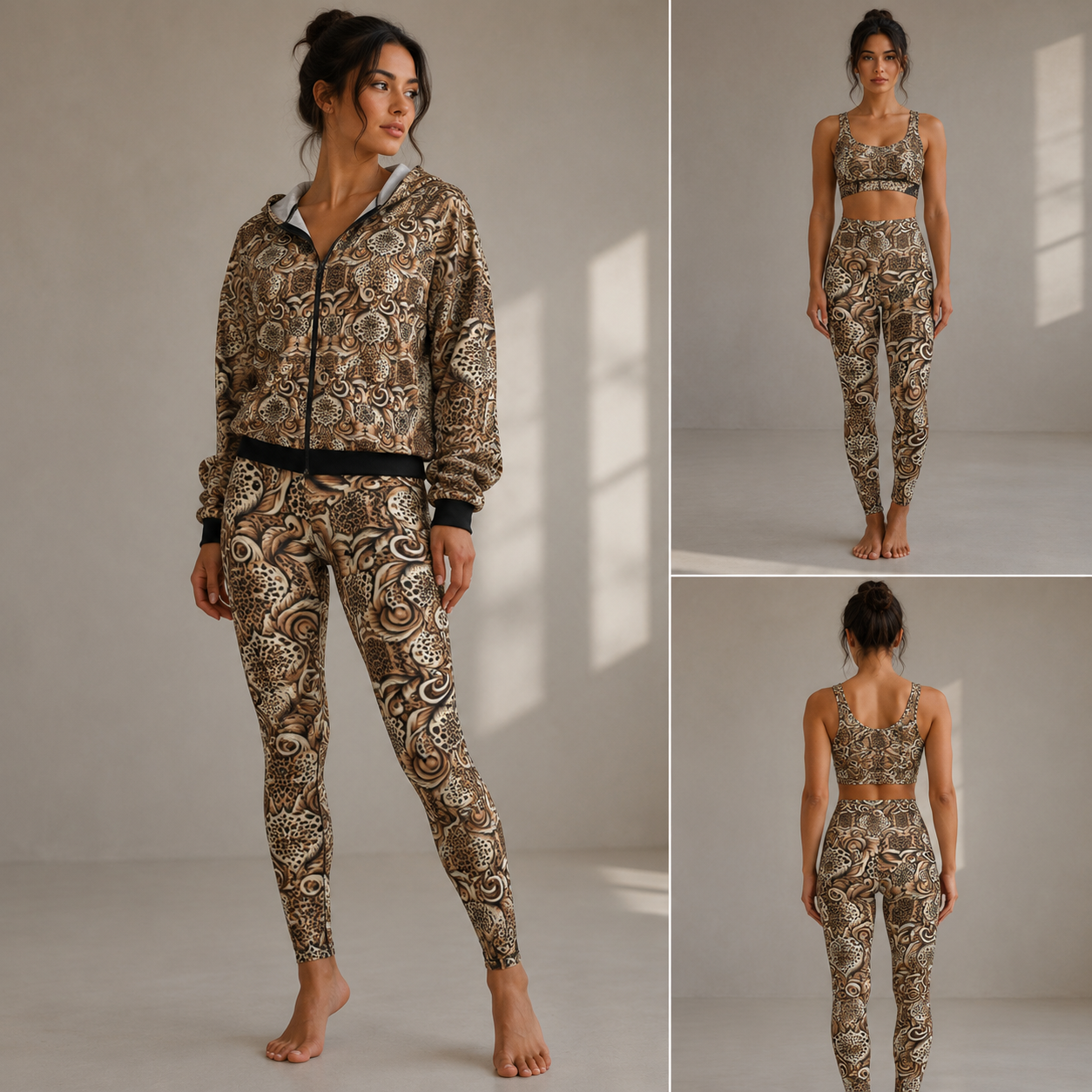 All-Over Print Zip Hoodie — Vintage Brown Ornamental Pattern©