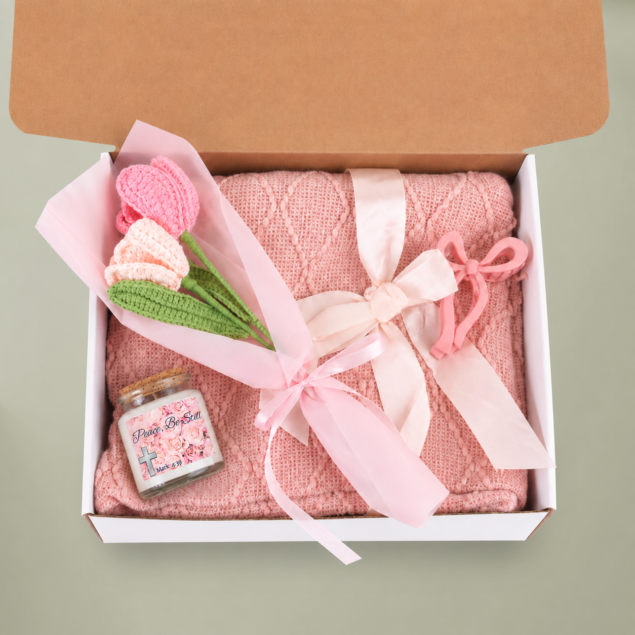 Blush & Bloom Gift Set — Candle, Blanket, Crochet Bouquet, Bow Clip (Peace, Be Still — Mark 4:39)