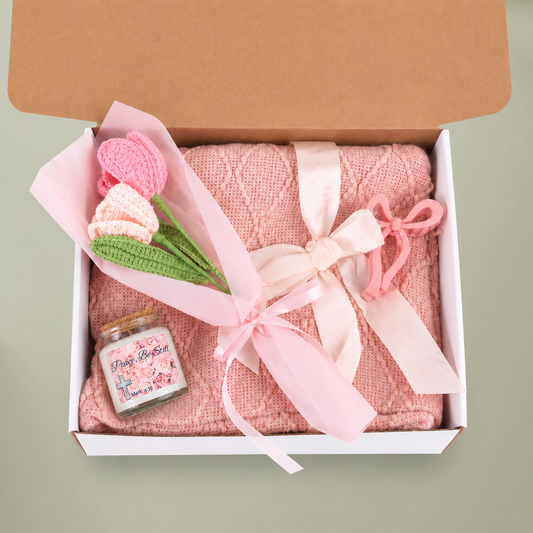Blush & Bloom Gift Set — Candle, Blanket, Crochet Bouquet, Bow Clip (Peace, Be Still — Mark 4:39)