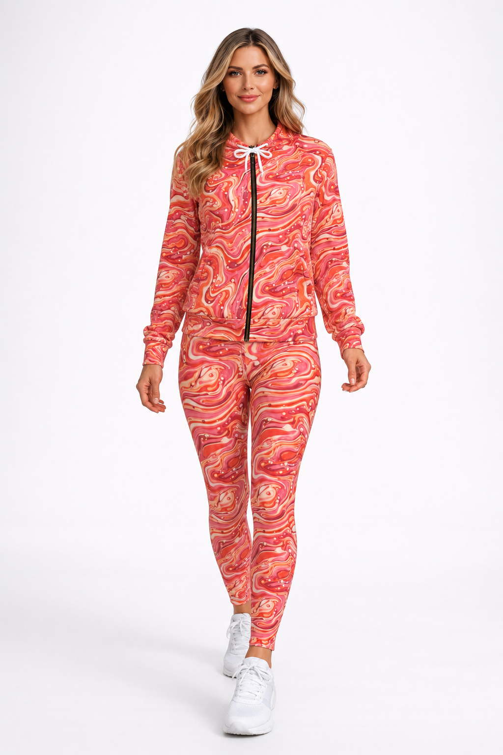 Women’s Pink Marble Swirl Full-Zip Hoodie — Retro Abstract All-Over Print©