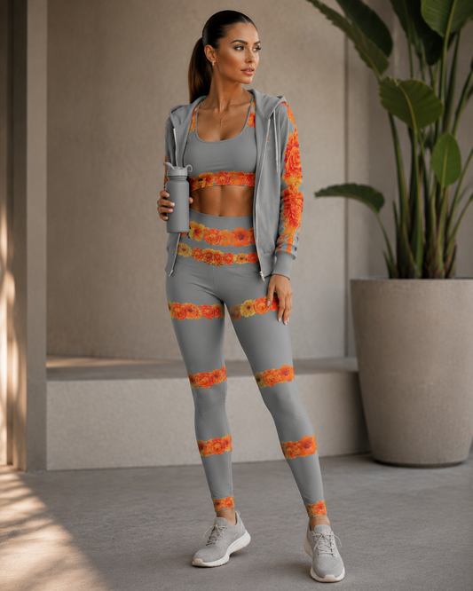 Gray Zip Hoodie with Orange Marigold Sleeve Accent — Floral Zip-Up Hoodie©
