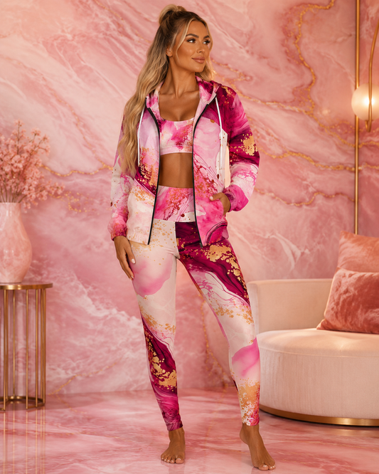 Pink Marble Zip Hoodie – Abstract Gold Splash Women’s Full-Zip Jacket©