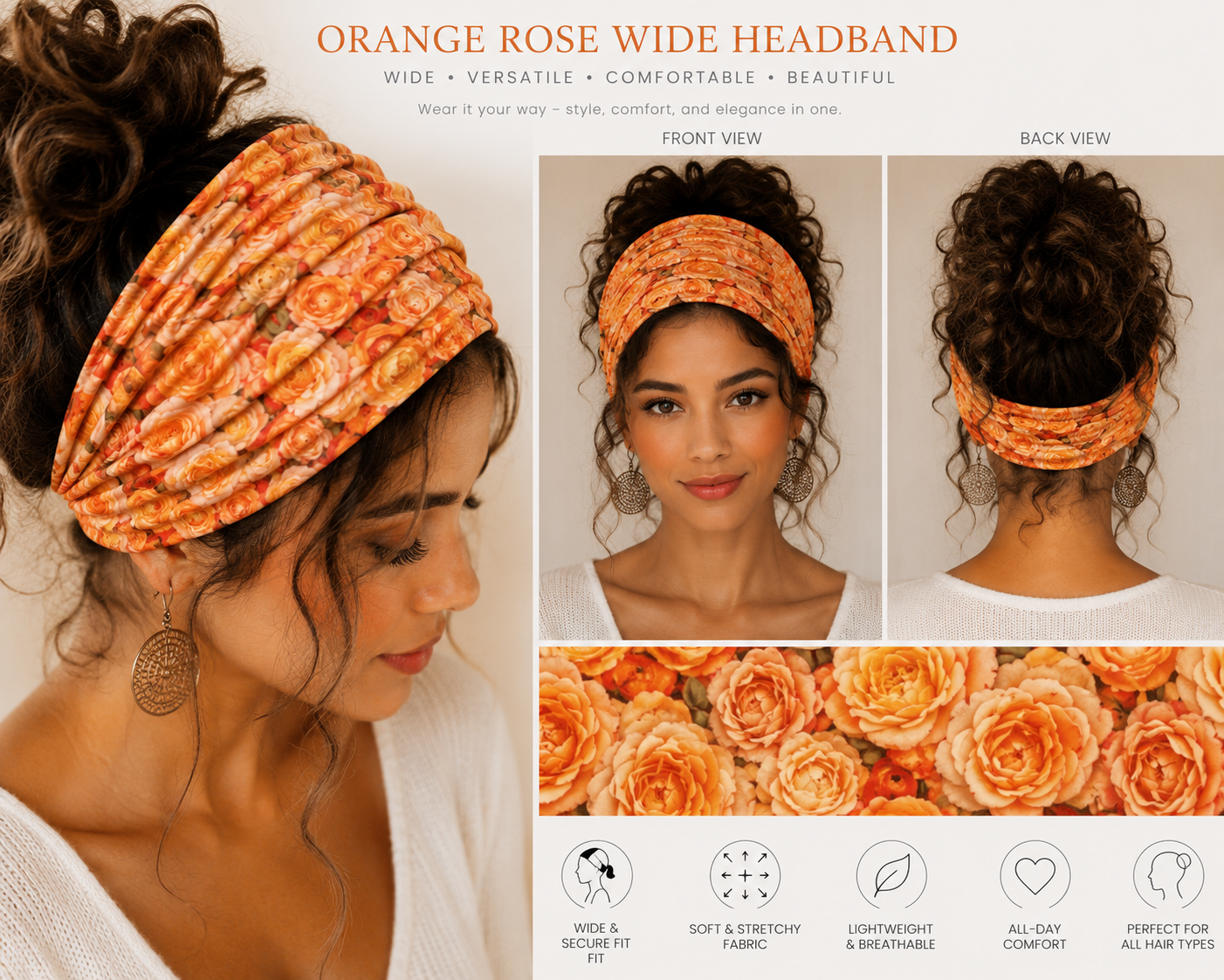 Floral Rose Headband/Neck Gaiter — Orange Peach Face Scarf©