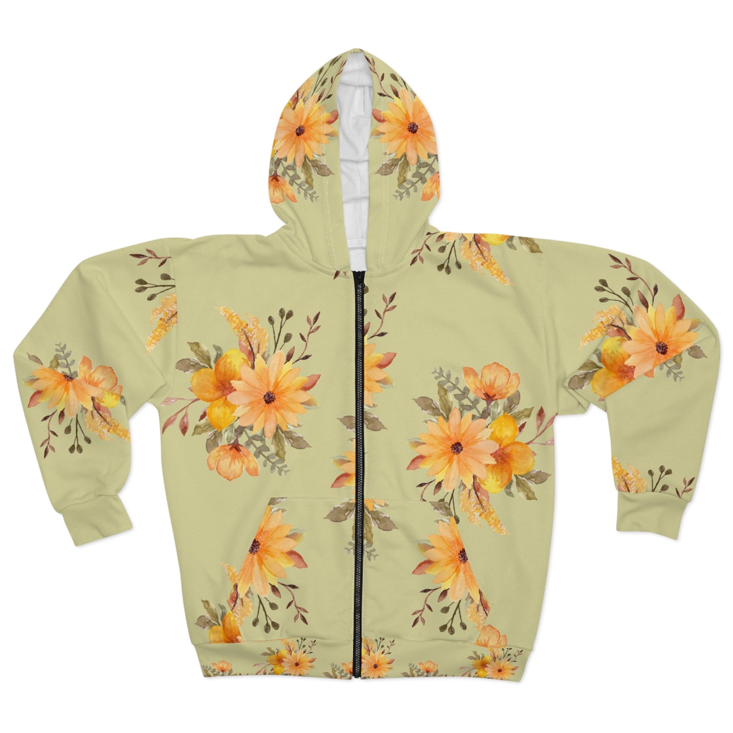 Sunflower Watercolour Zip Hoodie — Floral All-Over Print©