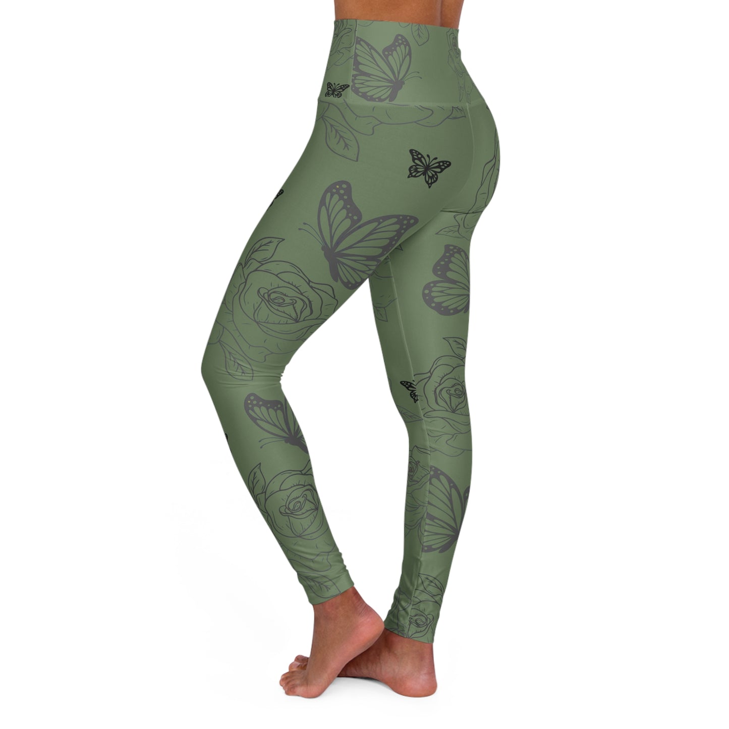 High-Waist Olive Rose & Butterfly Yoga Leggings©