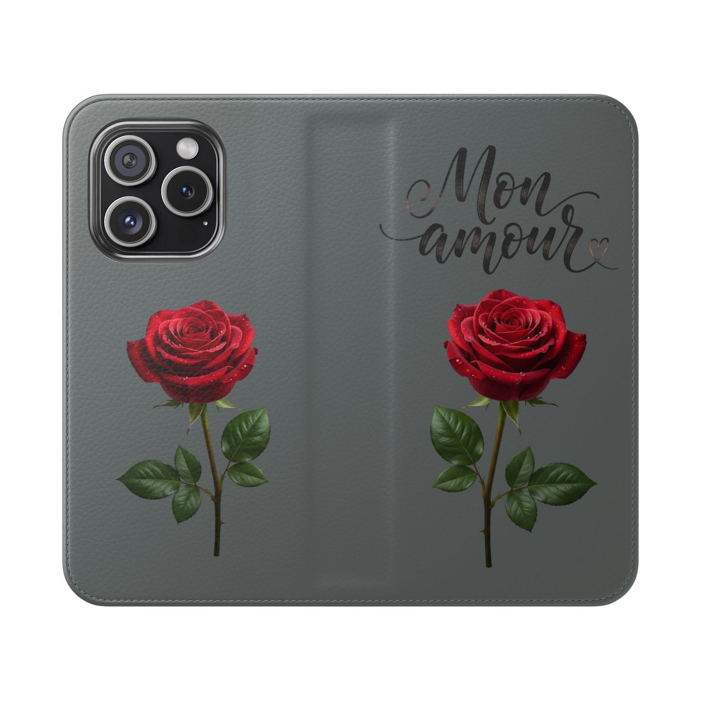Mon Amour Rose Flip Phone Case — Floral Wallet Flip Case with 'Mon amour' Script