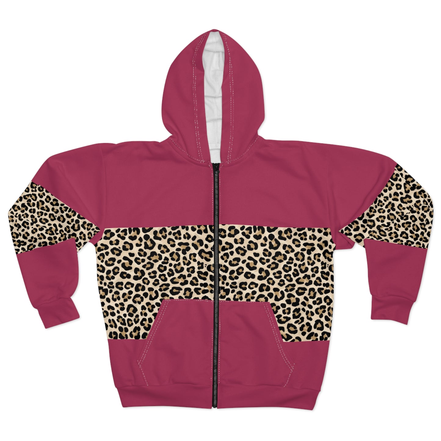 Leopard Accent Zip Hoodie — Pink Animal Print Streetwear©
