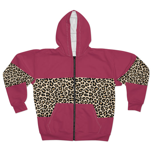 Leopard Accent Zip Hoodie — Pink Animal Print Streetwear©