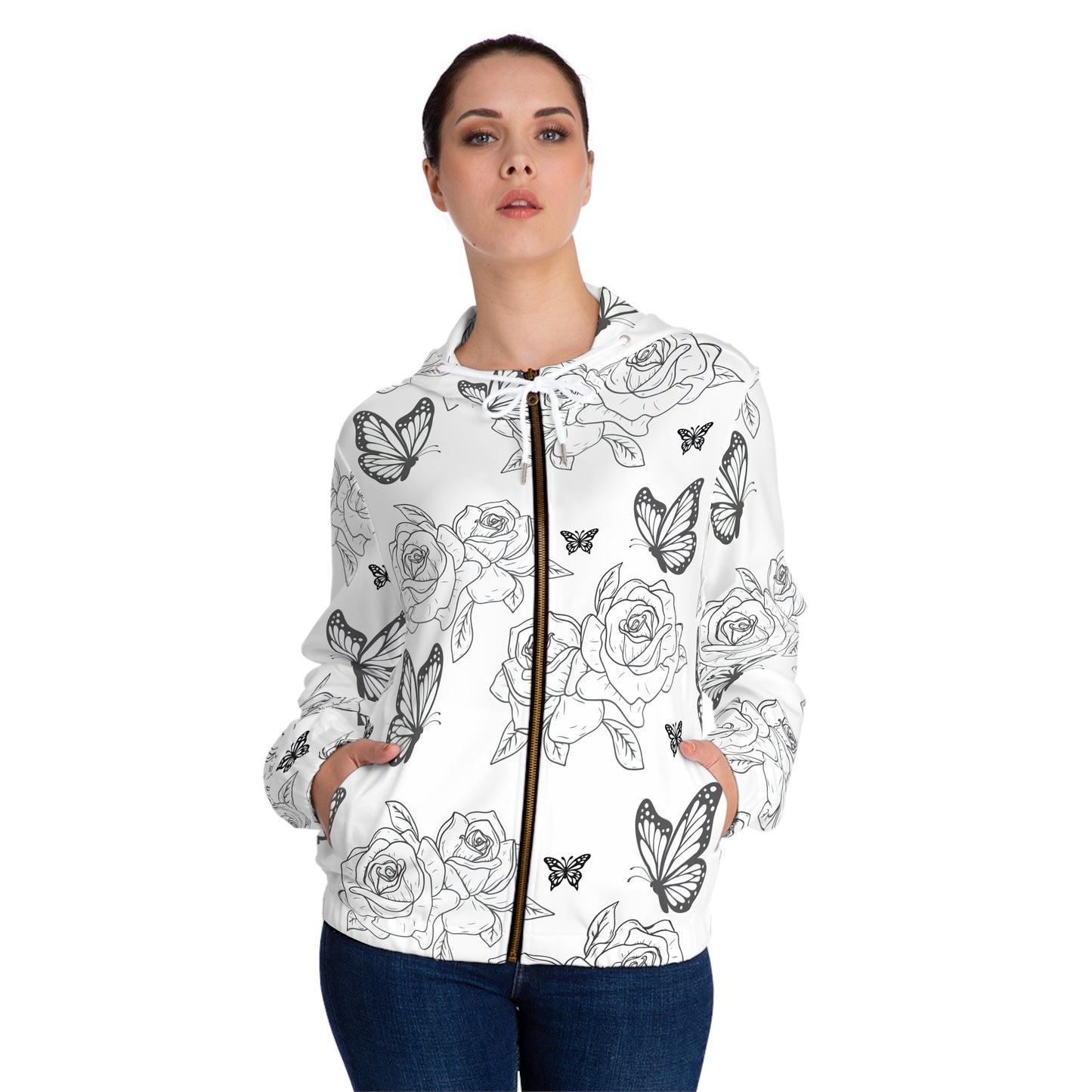Butterfly Rose Zip-Up Hoodie — Black & White Floral All-Over Print©